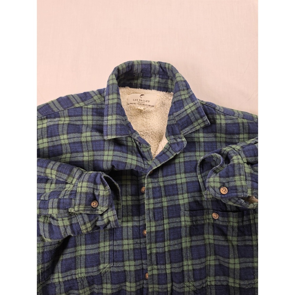 Lee Valley Jacket Mens Large Blue Green Plaid Sherpa Lined Flannel Insulated